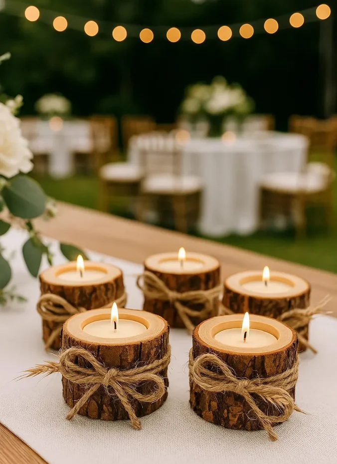 Log candle holders glowing on a rustic wedding table