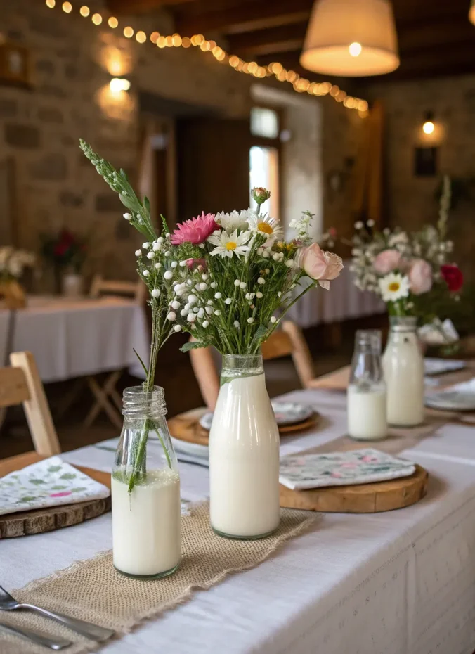 Vintage milk bottles holding blooms on a wedding table