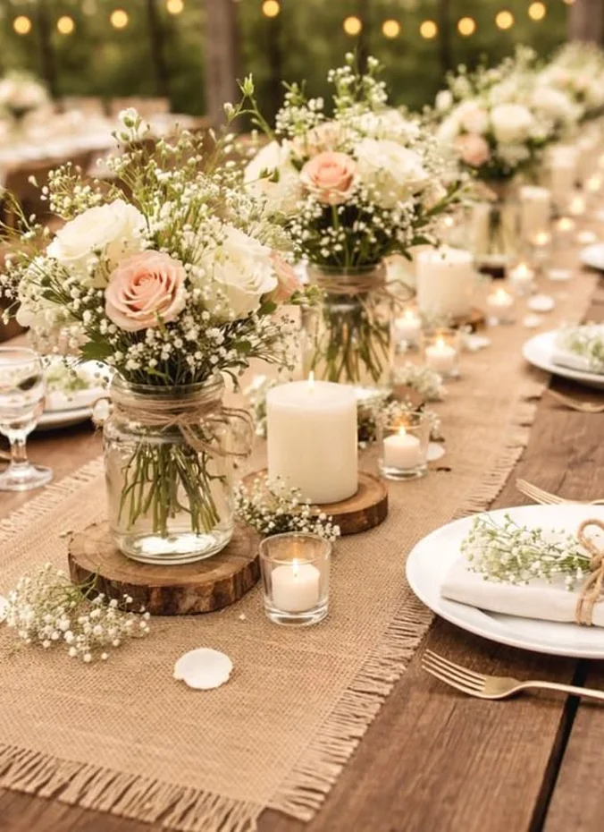 Pillar candles lined on a burlap runner