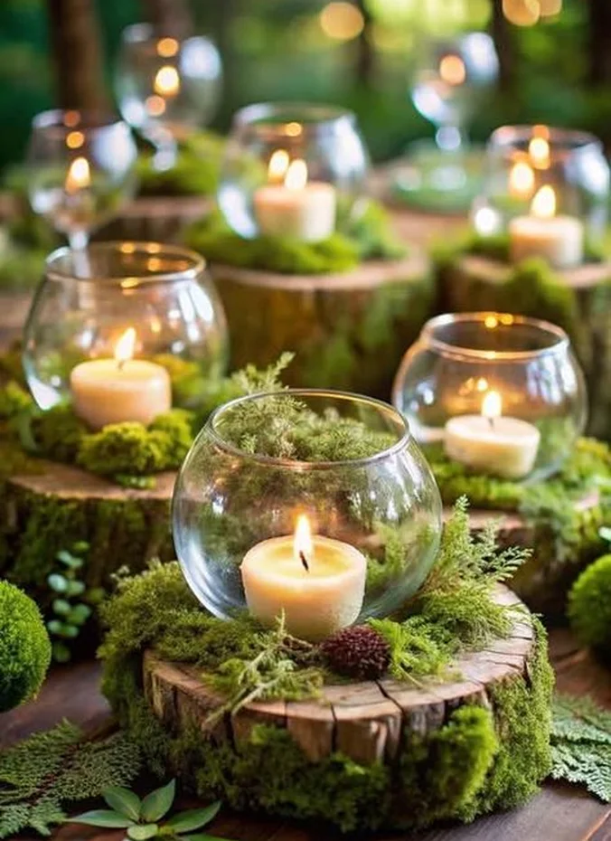 Tea lights set among green moss in a rustic centerpiece