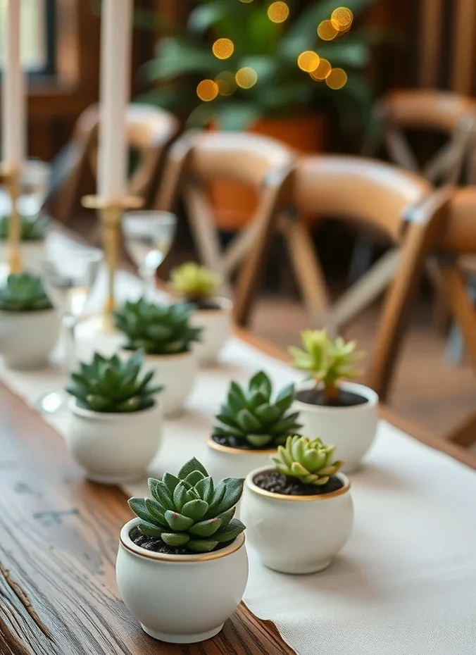 Small succulents styled as a rustic wedding centerpiece
