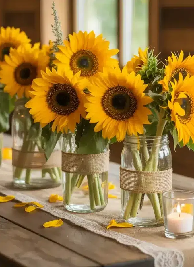 Sunflowers in mason jars on a rustic wedding table