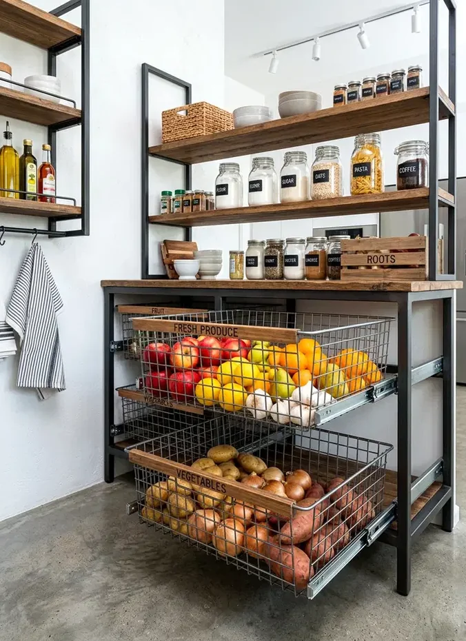 Wire storage baskets mounted above refrigerator for easy access to kitchen items