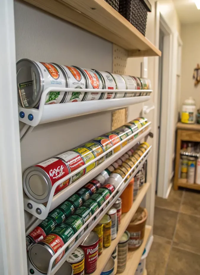 Canned goods lined in a neat row on top of refrigerator storage
