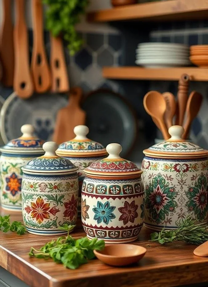 Matching ceramic canisters styled on top of the refrigerator
