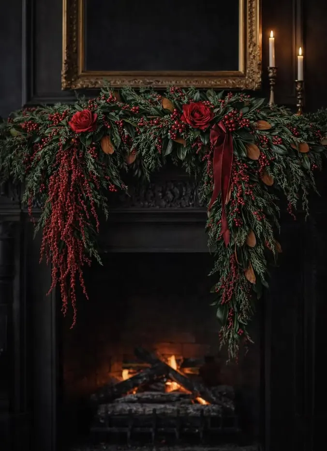 Red floral stems arranged across a dark wood mantel