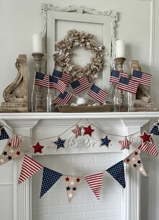 Burlap banner with stars draped along a mantel edge
