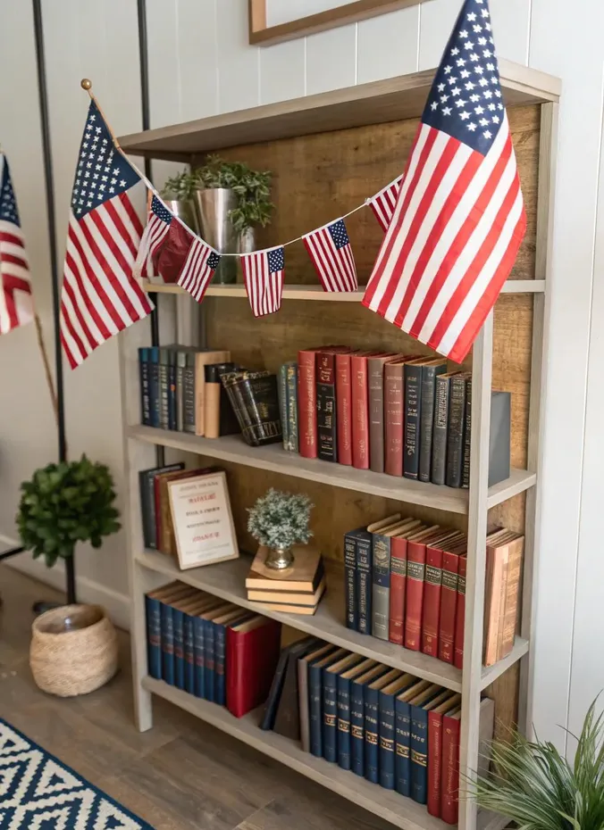 Stack of vintage hardcover books in red white and navy spines