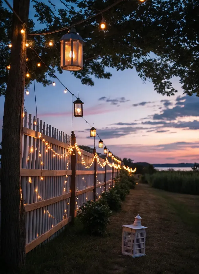 Warm string lights strung along a backyard fence line at dusk