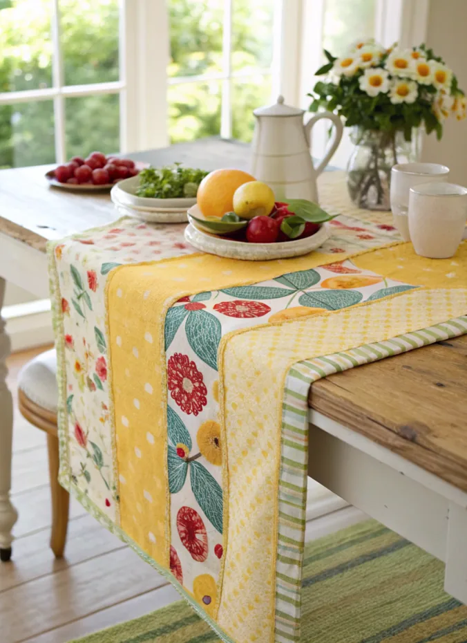 Light linen table runner on a bright summer kitchen table