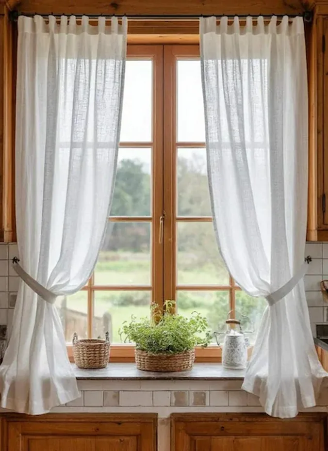 Sheer white curtains letting daylight into a summer kitchen