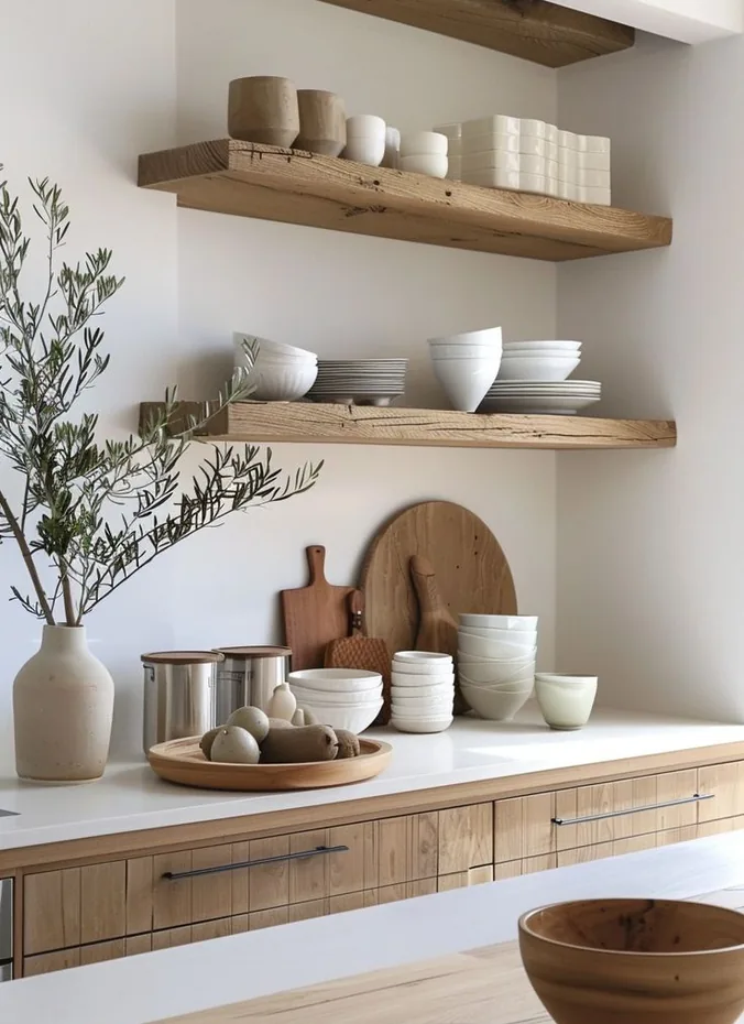 Open kitchen shelves styled with white dishes and small plants