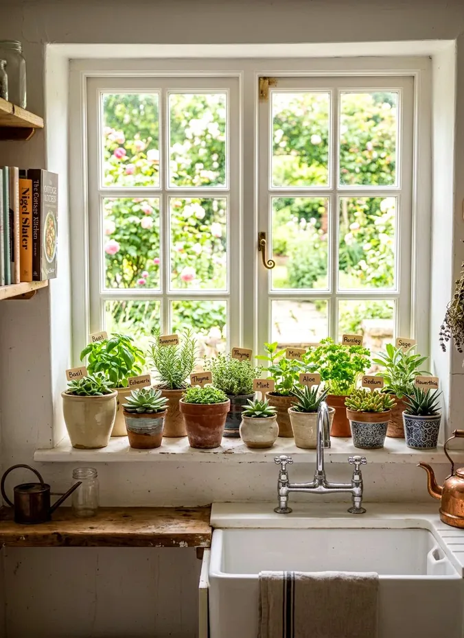 Small potted herbs lined up on a sunny kitchen windowsill