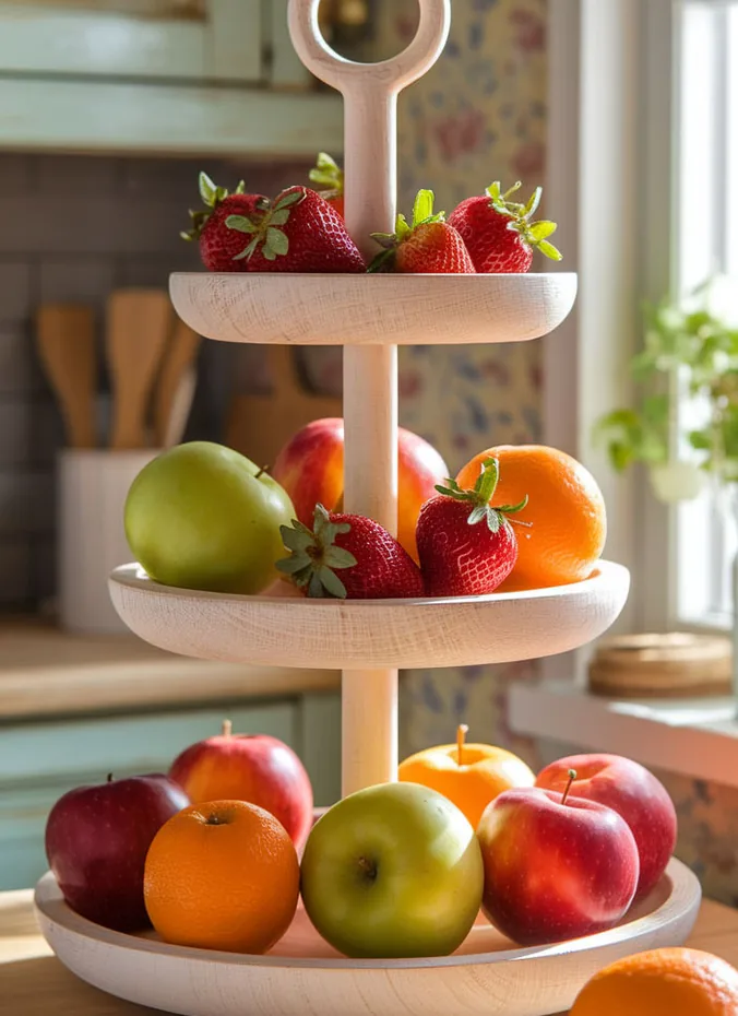 Tiered tray stacked with colorful summer fruit in a kitchen