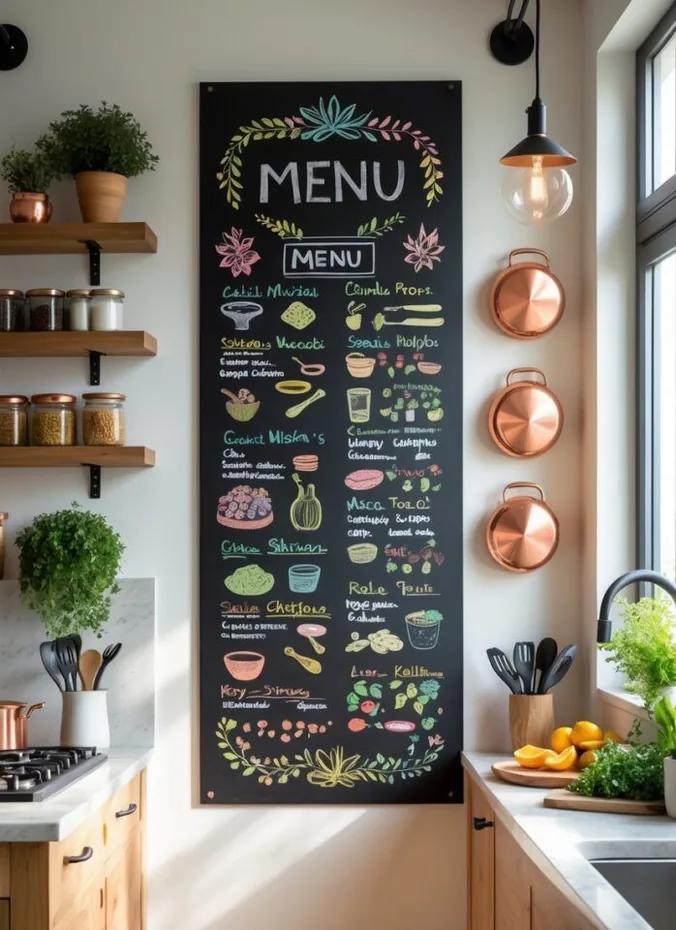 Chalkboard menu with summer meals written on a kitchen wall