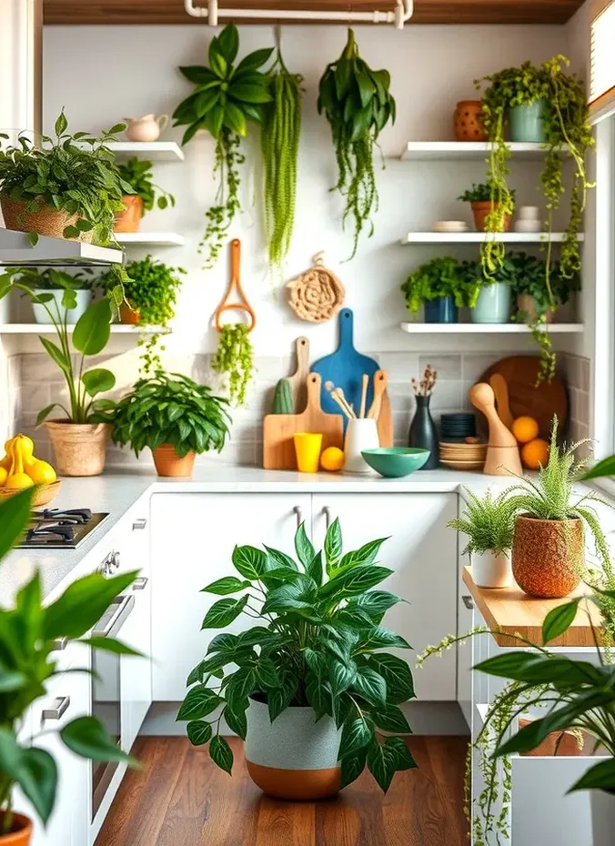 Houseplants thriving in a bright summer kitchen