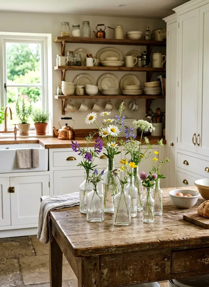 Small vase of wildflowers sitting by a kitchen sink