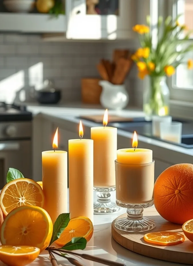 Citrus scented candle burning in a bright kitchen