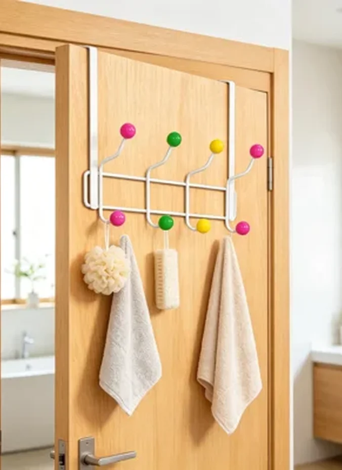 Hooks on the back of a bathroom door holding towels