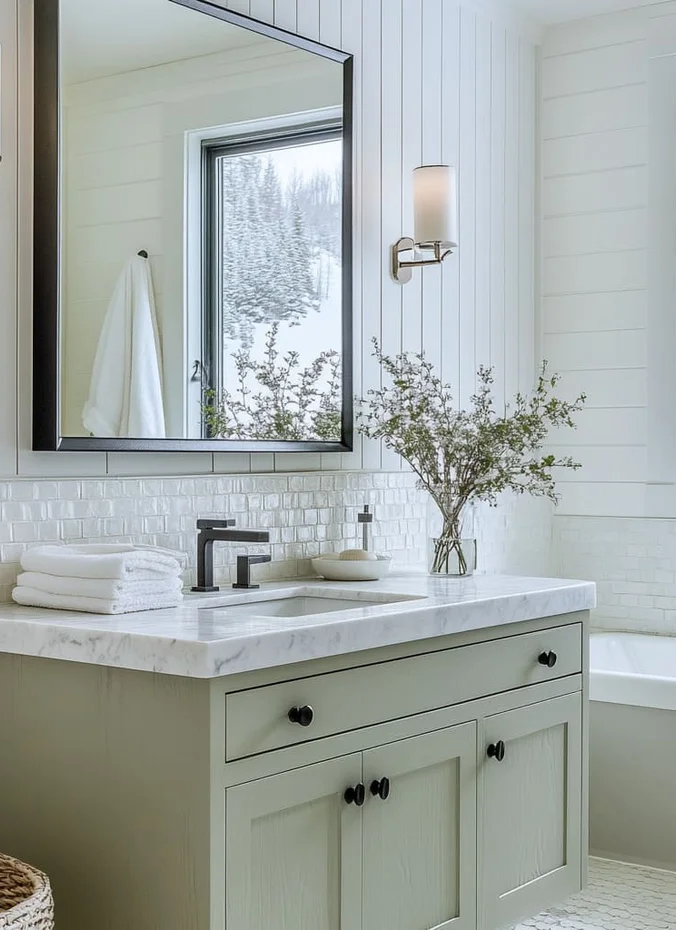 White wainscoting adding charm to a small bathroom