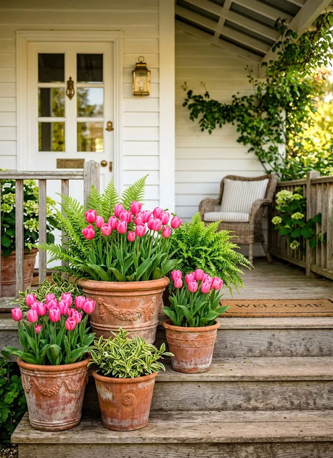 Terracotta pots with bright pink flowers arranged on porch steps by a front door
