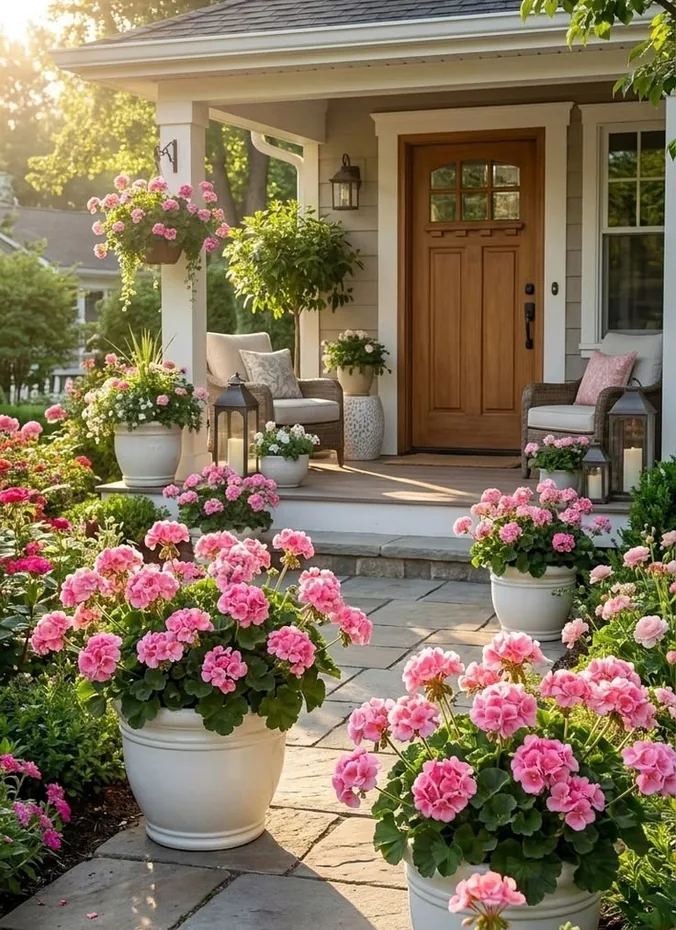White ceramic pots with coral geraniums arranged on porch steps