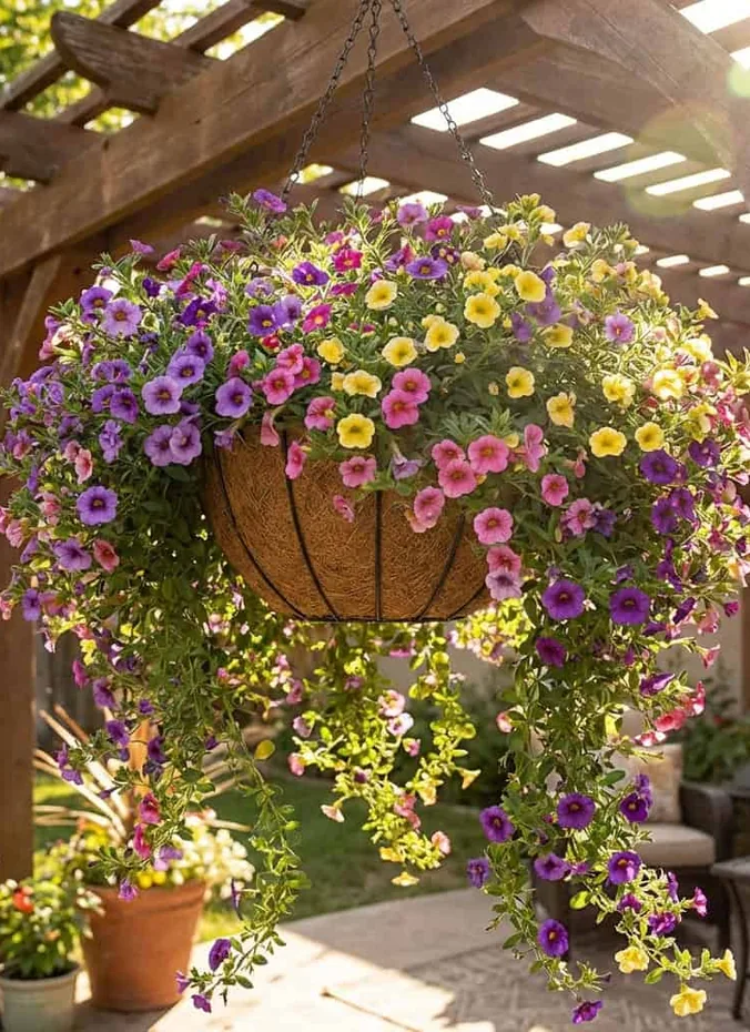 Hanging basket overflowing with colorful million bells flowers on a porch