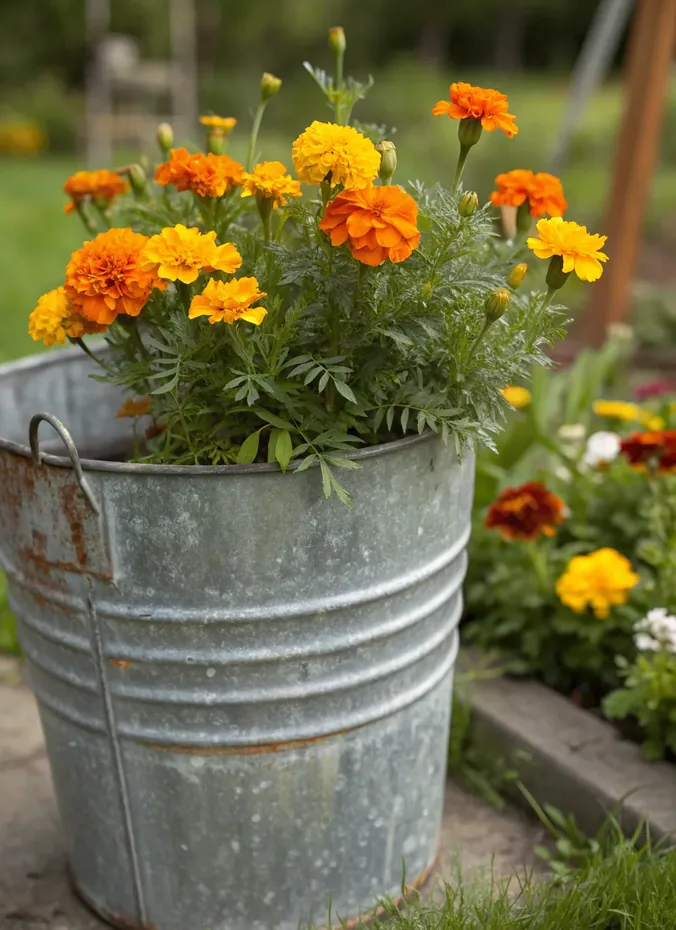 Galvanized metal tubs planted with orange and gold marigolds