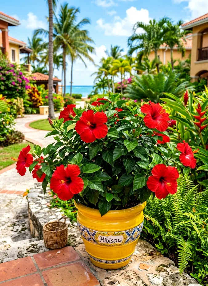 Tropical hibiscus with large red blooms in a pot on a porch