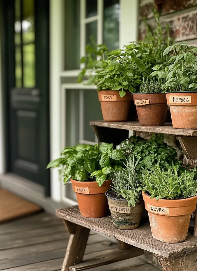 Herb planter with basil rosemary and thyme by a kitchen door