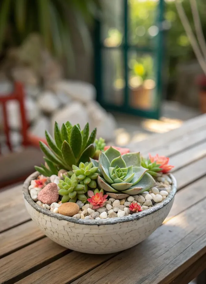 Wide bowl of colorful succulents in a sunny porch spot