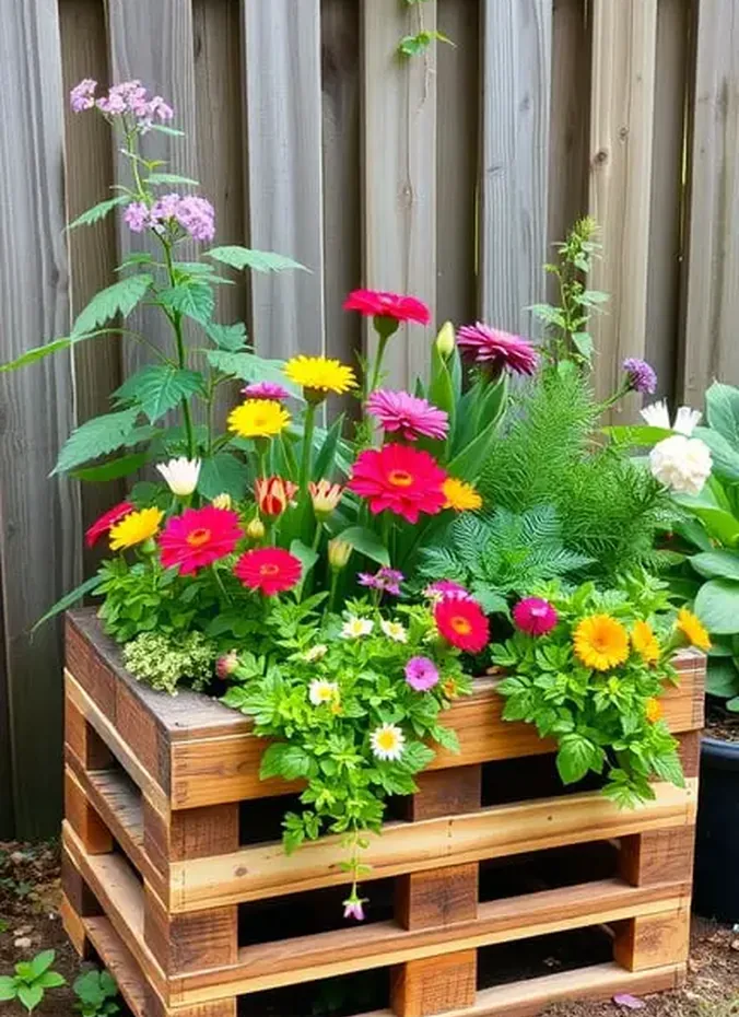 Repurposed wooden crate used as a planter with bright flowers