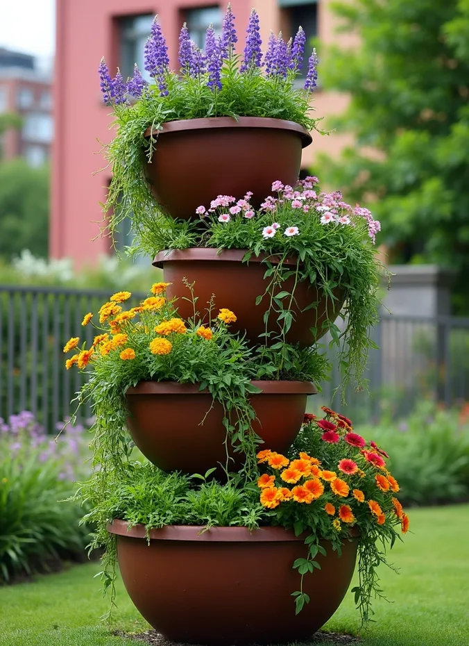 Tiered stack of three flower pots with bright blooms