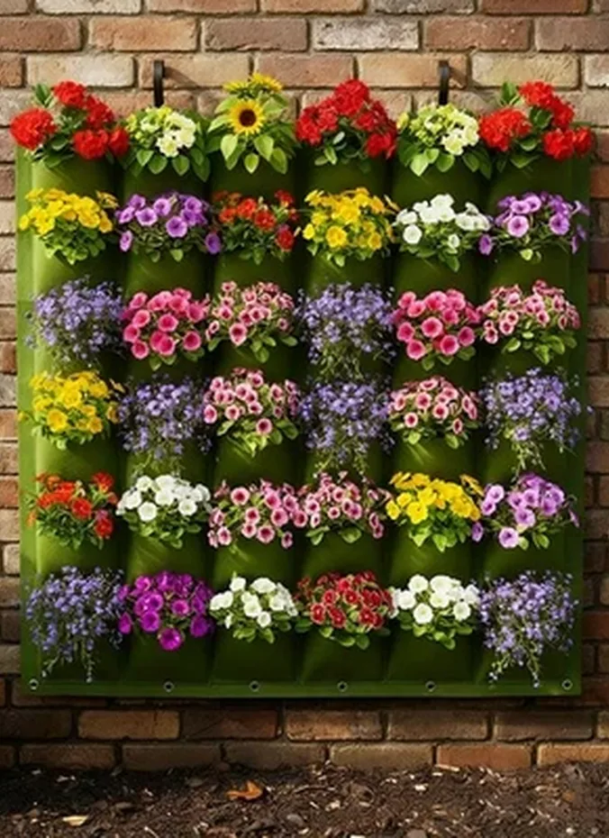 Vertical wall pocket planter with flowers mounted on a porch wall