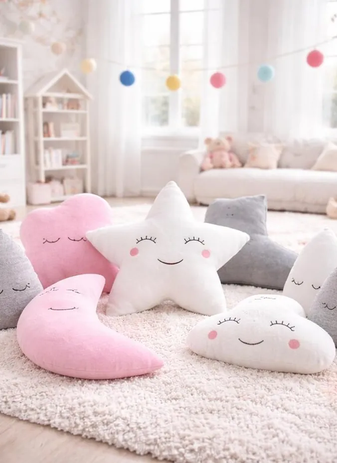 Star moon and cloud shaped plush throw pillows arranged on a nursery rug