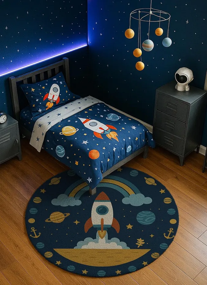 Round rocket launch rug with planets on the floor of a space themed kids bedroom
