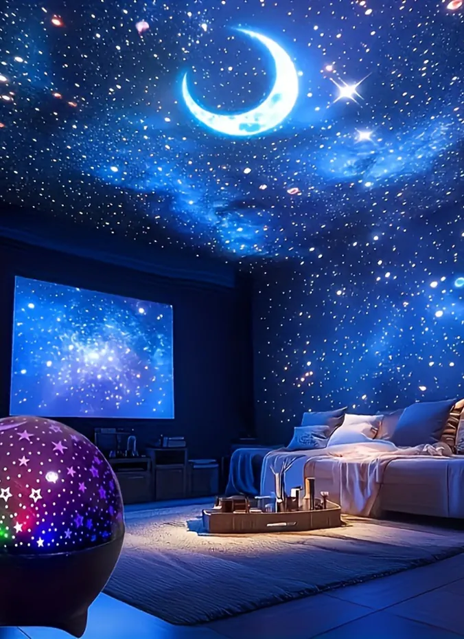 Star projector night light casting a galaxy of stars across a bedroom ceiling