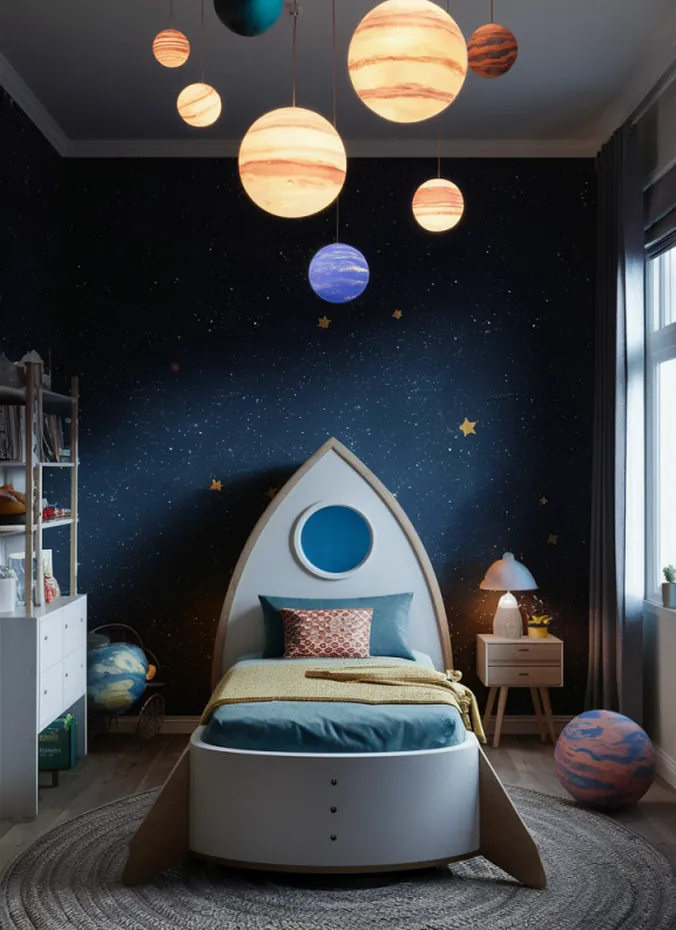 Hanging planet shaped string lights glowing over a rocket ship bed