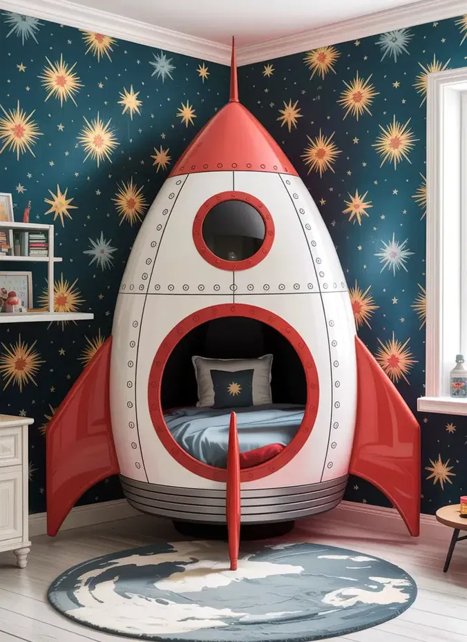 Red and white rocket ship bed with round window in a kids space bedroom