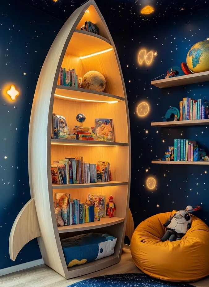 Rocket shaped bookshelf filled with books in a space themed kids room