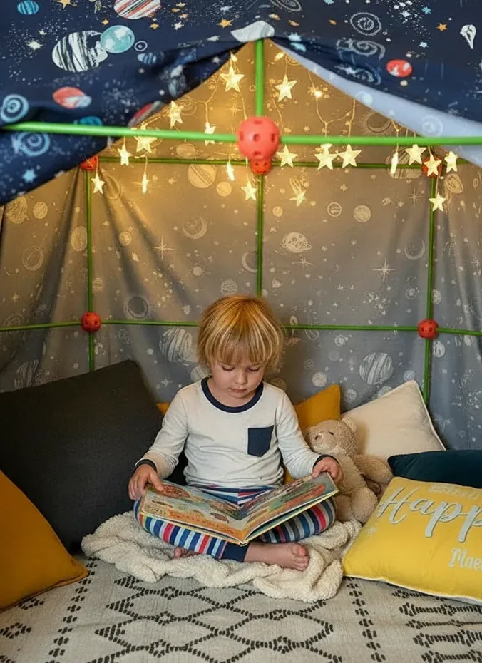 Child reading a book inside a space print play tent with star lights