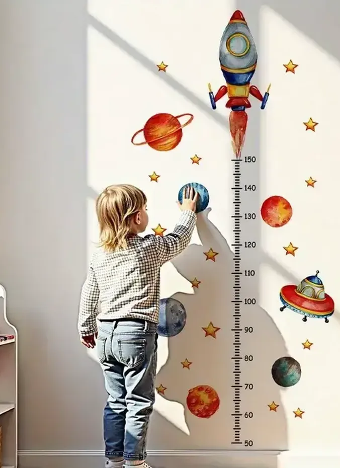 Rocket and planet growth chart decal on a wall with a child measuring height