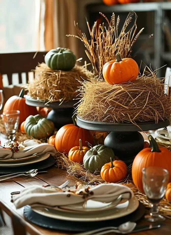 Pumpkin and hay centerpiece on a fall table