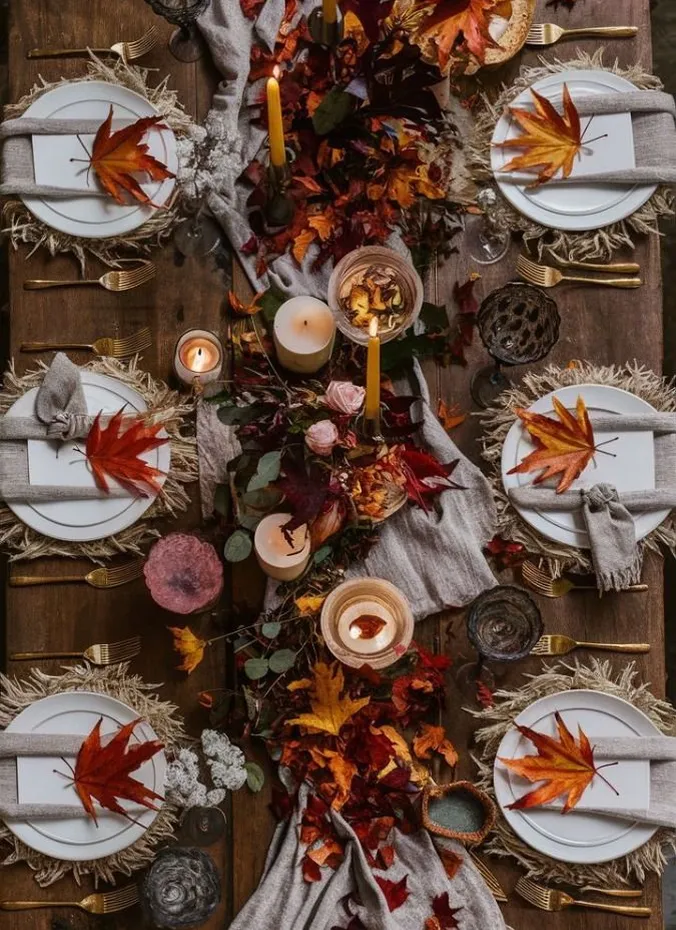 Table runner covered with scattered fall leaves
