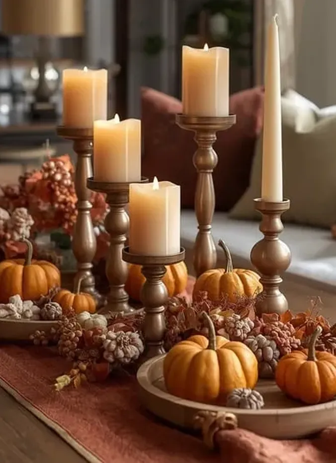 Seasonal vignette styled on a nearby sideboard