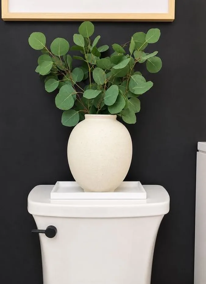 Faux eucalyptus stems in a slim vase on a toilet tank