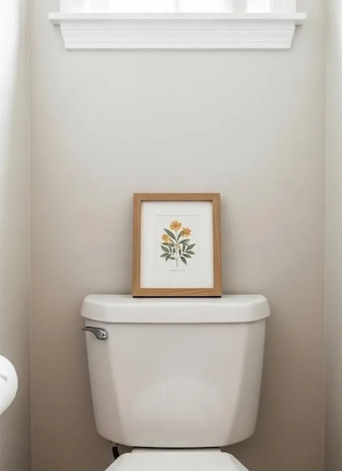Small framed botanical print leaning against the wall behind a toilet tank