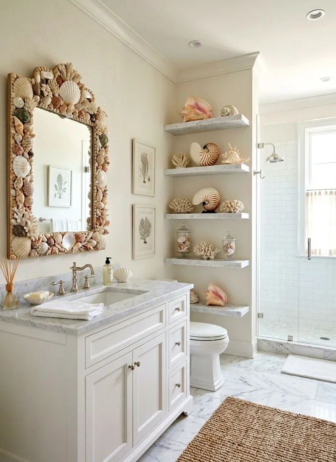 Coastal bathroom styled with seashells and coral on shelves