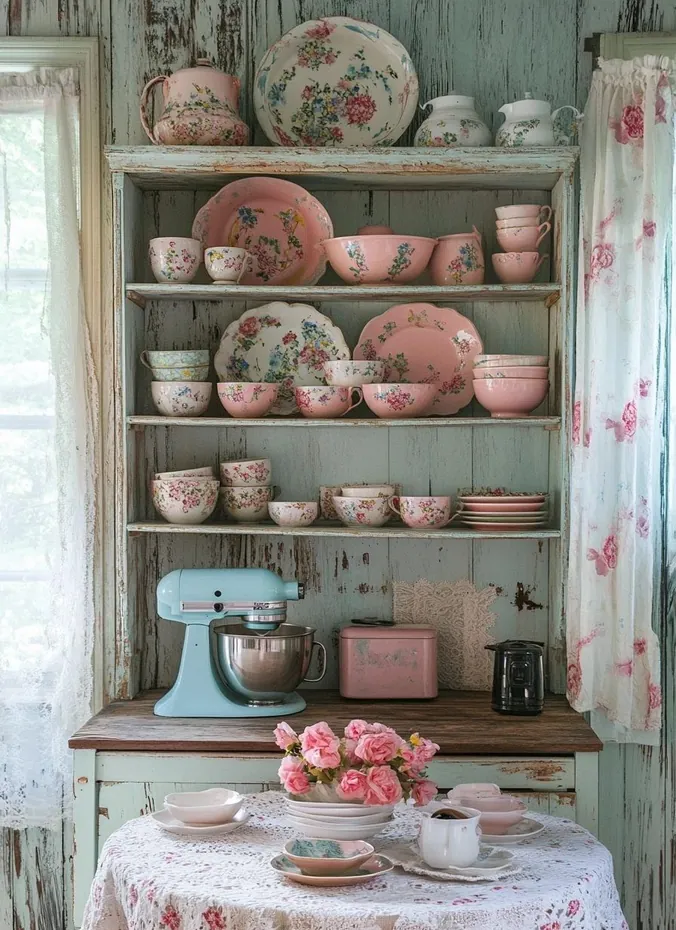 Vintage china displayed on open shelving