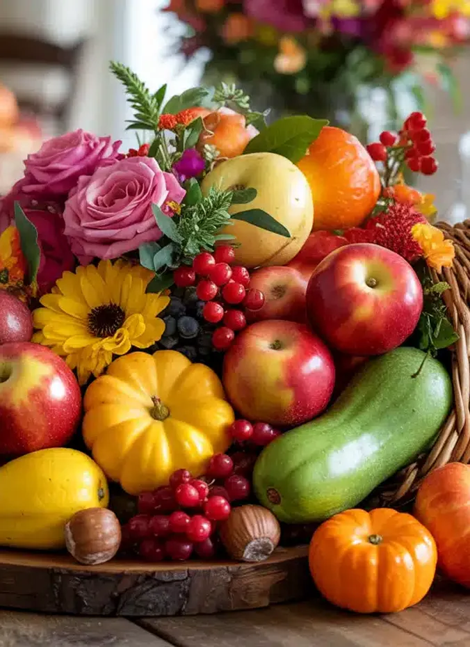 Woven cornucopia centerpiece spilling mini pumpkins and apples on a holiday table